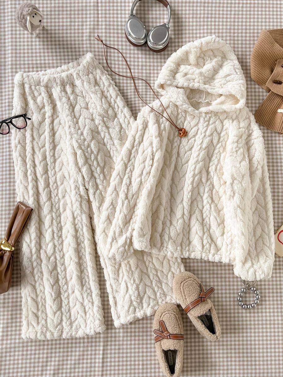 2pcs/Set Teenage Girls Green And White Casual Hoodie T-Shirt Matching Sweatpants,Soft Knit Fabric,Autumn/Winter Korean Style Daily School Holiday - Beige - View 1