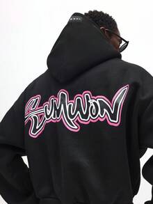 SUMWON 落肩宽松短款连帽套头衫，带中央口袋抽绳兜帽，休闲街头风冬季秋季运动衫 - 黑色 - 查看 4