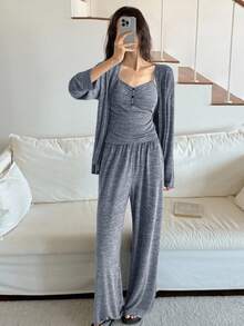 DAZY 三件套柔软针织睡袍，吊带上衣和裤子家居服套装，秋冬服装 - 藍色 - 查看 4