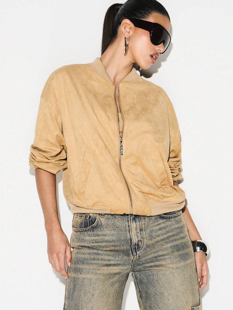KIZN Oversized Faux Suede Bomber Jacket