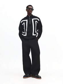 SUMWON Regular Quarter Zip Raised Neck Knitted Jumper With Logo Pattern Chunky Knit Pullover Sweater Plain - Black and White - View 3