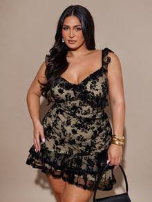 SHEIN BAE Vestido mini elegante, romántico y sexy con cuello en V, dulce y versátil para citas, con volantes en el bajo, para mujer de talla grande. Vestido corto para playa, resort y fiesta. Vestido de talla grande marrón, vestido de talla grande con volantes, vestido marrón chocolate. - Negro - Ver 7