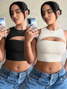 SHEIN SXY Women Solid Color Hollow Out Short Ribbed Slim Fit Tank Top - Multicolor - View 1