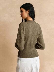 Poéselle Áo len cardigan dệt kim đơn giản, tay dài, màu trơn, cài nút phía trước, dáng ôm, ngắn, áo len nữ, áo len nữ, áo len dệt kim, quần áo mùa đông nữ, quần áo mùa thu nữ, FW24 - xanh quân đội - Xem 7