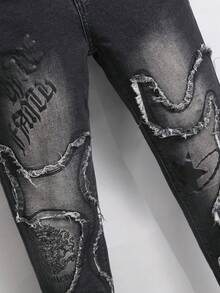 Manfinity Homme Men's Pocket Letter Graphic Frayed Skinny Jeans - Black - View 5