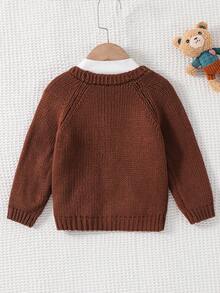 Cozy Pixies 男童卡通熊图案V领长袖开衫毛衣女秋冬装 - 棕色 - 查看 2