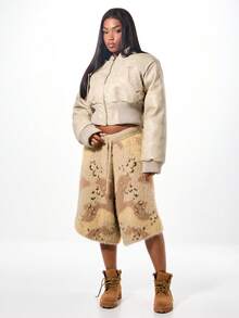 SUMWON WOMEN Oversized Faux Leather Bomber Jacket With Ribbed Trim And Cropped Silhouette For Fall Winter Layering