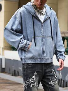 ROMWE MEN Street Life Men's Autumn Drop Shoulder Long Sleeve Zip Front Casual Drawstring Hooded Denim Jacket - Blue - View 6