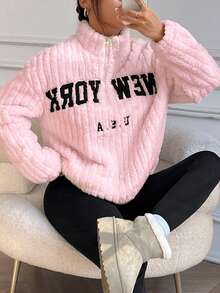 SHEIN EZwear 女士休闲羊毛衬里字母印花拉链连帽衫和裤子套装，粉色，秋冬连帽衫和运动裤套装，家居服和工作服，Y2K蓬松加厚两件套休闲套装，纽约女装，女士舒适服装 - 粉色 - 查看 5