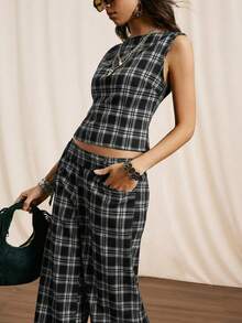 Easelle طقم ملابس علوية قصيرة بلا أكمام وبنطال ذو ساق واسعة مع حزام معدني، طقم نسائي من قطعتين بطراز نومادي قديم - أبيض وأسود - مشاهدة 6