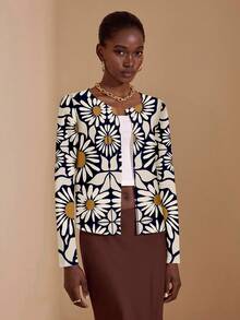 JIAN  LASALA Jian Lasala 花卉印花休闲优雅简约性感女士长袖薄款外套，适合日常外出、旅行、度假、约会、派对、秋冬季艺术印花开衫，花卉印花开衫，女士开衫，长袖开衫 - 彩色 - 查看 6