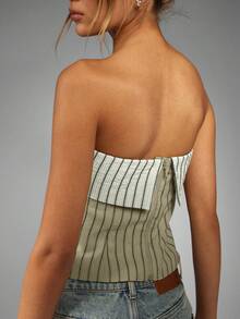 MISSGUIDED Pinstripe Bandeau Crop Top Strapless Fold Over Detail Summer Spring Evening Party Club Festival Wear - White - View 5