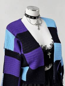 Sunspun Áo len cardigan tay dài hở trước họa tiết kẻ caro Halloween cỡ lớn cho nữ, mùa thu/đông - Nhiều màu - Xem 4