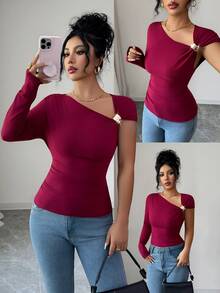 SHEIN Elenzya Women's Solid Color Metal Decor Asymmetric Collar Fitted Fashionable Blouse - Red Violet - View 1