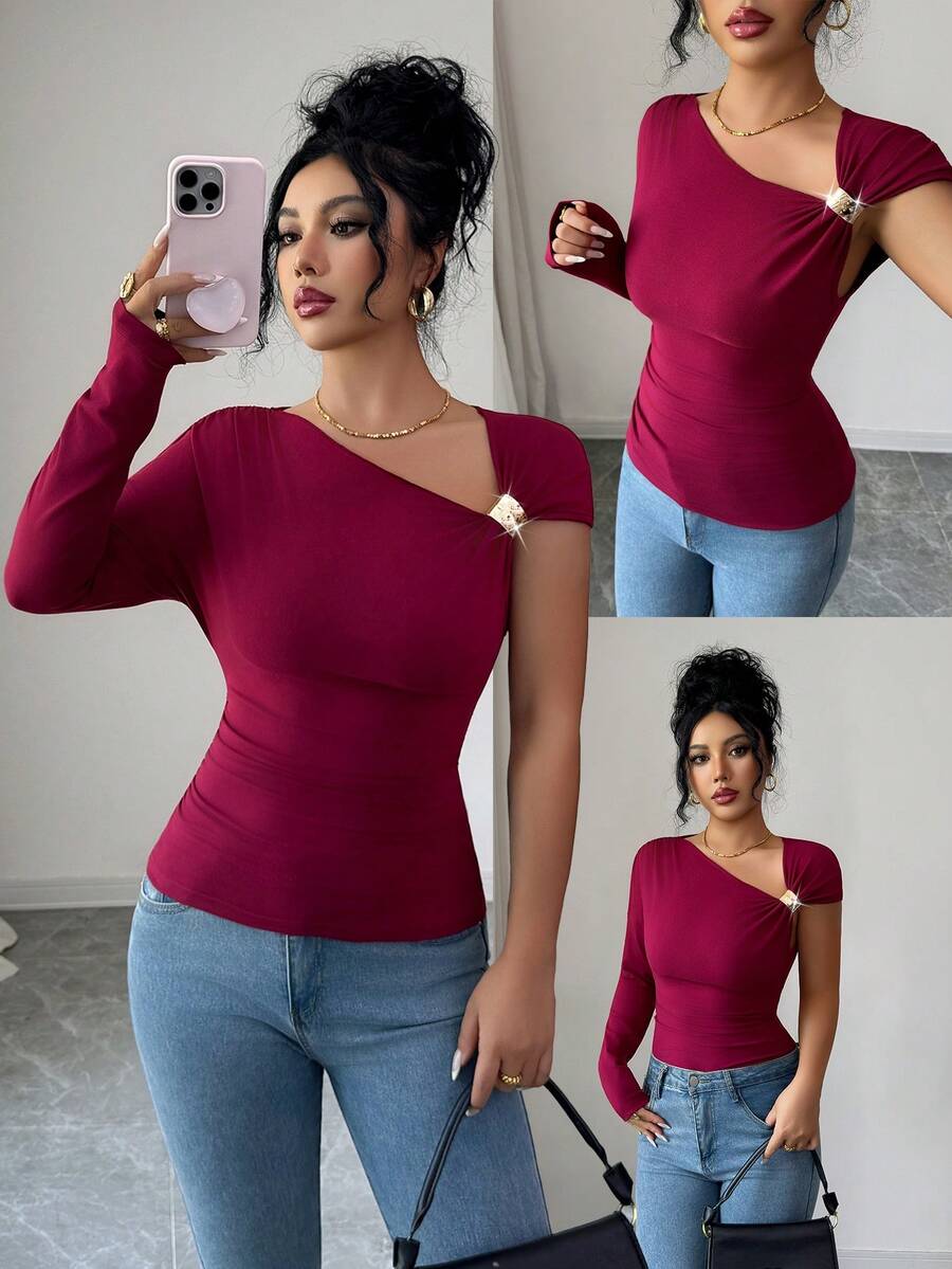 SHEIN Elenzya Women's Solid Color Metal Decor Asymmetric Collar Fitted Fashionable Blouse - Red Violet - View 1