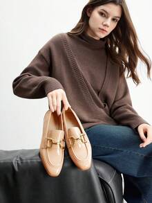 CUCCOO BIZCHIC Giày lười đế vuông màu mơ thời trang nữ có khóa cài phong cách cổ điển thoải mái tối giản - Màu be - Xem 4