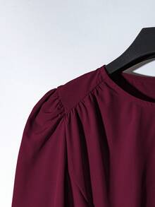 Franclia 女式纯色圆领荷叶边长袖优雅连衣裙 - 酒紅色 - 查看 3
