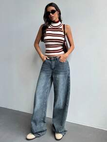 Aloruh Vintage gestreifter Rollkragen Strick Trägerhemd, Sommer, Herbst für Frauen, Damen Winter Pullover, Burgunder Top, schicker Pullover für Frauen, Tops für Ausgehen, Neujahr Frauen, Weihnachten Frauen, Halloween für Frauen, rot-weiß gestreifter Basic Pullunder, ärmelloses Pullover Top, Y2K, Old Money Stil