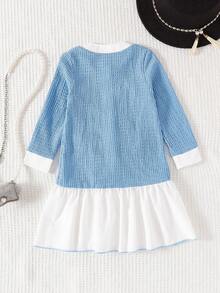 Young Girl Colorblock Faux Pearl Button Patchwork White Ruffle Hem Long Sleeve Dress - Blue - View 2