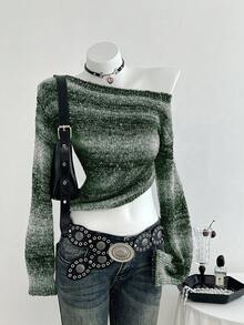 Elamini Áo len dài tay hở vai ombre thời trang cho nữ, thích hợp cho kỳ nghỉ - Màu xanh lá cây đậm - Xem 3