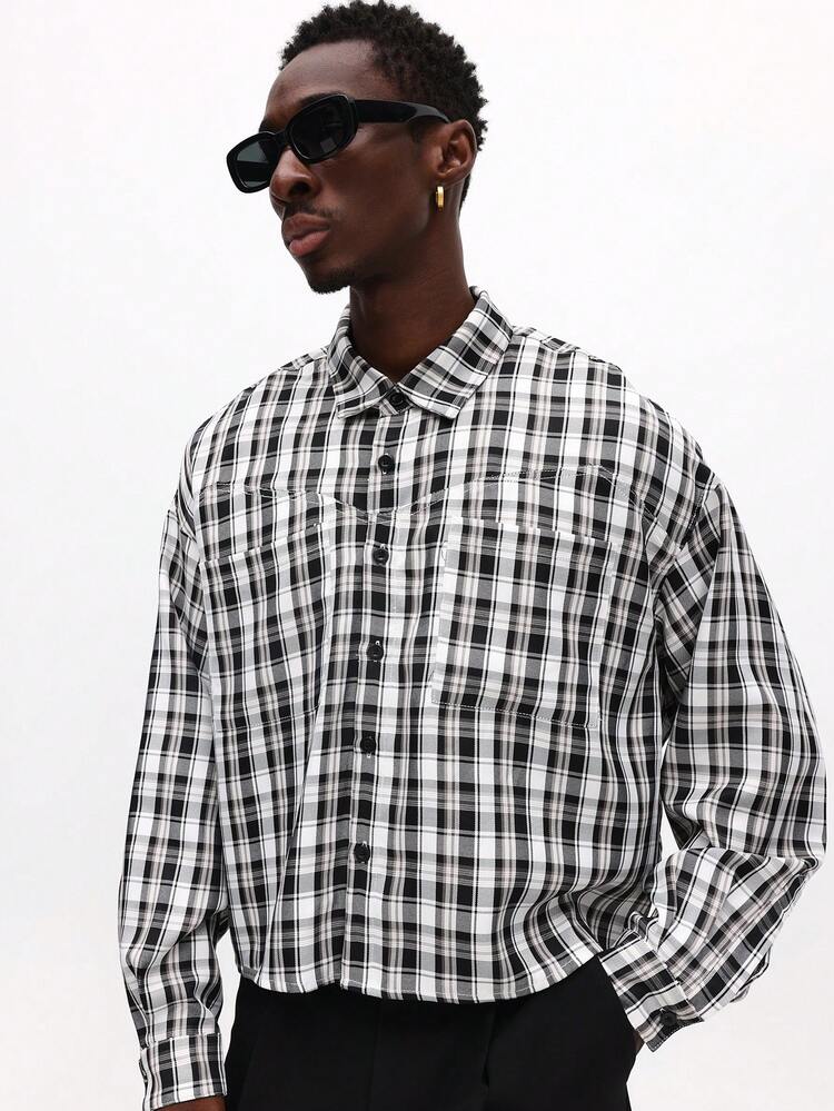 SUMWON Crop Fit Long Sleeve Check Shirt With Rhinestone Number Graphic Back Detail Button Down Plaid Casual - Black and White - View 3