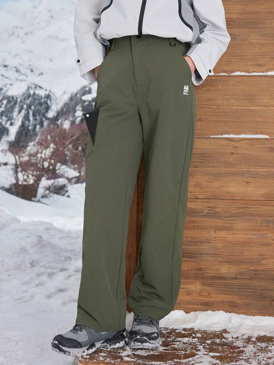 SHEIN In My Nature Pantalones rectos y sueltos de senderismo con bolsillos y parches para mujer, de estilo deportivo casual - Verde militar - Ver 1