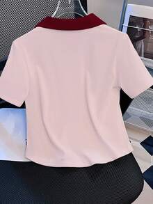INAWLY Kaos Polo Lengan Pendek Kasual Wanita dengan Motif Huruf dan Ceri Warna Kontras - Baby Pink - View 2