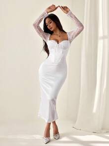 SHEIN PETITE Spring And Summer Vacation Date Travel Dress Valentine's Day Dress Small Floral Dress Picnic Dress Elegant Dress Autumn And Winter Elegant Style Lace Splicing Banquet Light Dress Corset Midi Dress Elegant White Dress White Lace Corset Dress White Midi Dress White Satin Dress