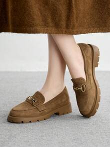 CUCCOO BIZCHIC Khaki Simple Round Toe Wedge Heel Slip-On Flats, Elegant & Casual, Comfortable & Versatile For Work, Commute, And Formal Occasions