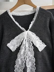 Franclia Bộ 2 áo len dệt kim cổ chữ V viền ren, thời trang cho mùa thu/đông - Màu xám đen - Xem 7