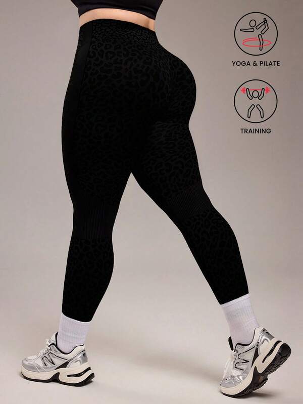 Rhythm Era 1 pieza Leggings de mujer talla grande con estampado de leopardo y rayas laterales para fitness, running, entrenamiento y yoga