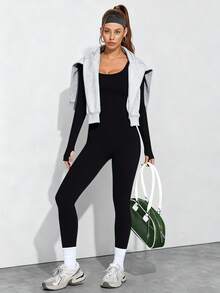 Dewbera 1 buah Jumpsuit/Romper Tanpa Jahitan Warna Hitam Dasar dengan Desain Bergaris, Menyerap Keringat, Cocok untuk Olahraga, Kebugaran, dan Yoga - Hitam - View 8