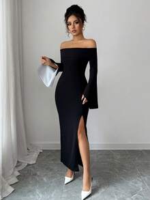 Elenzga Slit Off Shoulder Long Sleeve Fitted Elegant Party Dress For Women, Autumn/Winter