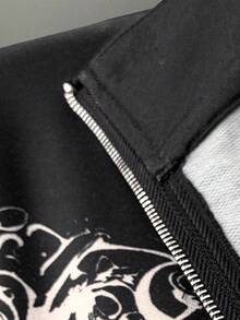 Sunspun Jaqueta plus size feminina com gola alta, estilo punk retrô vanguardista, estampada com strass e decoração frontal, com zíper e capuz, outono/inverno