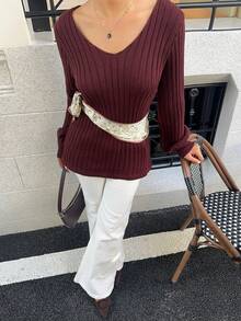 Siren Gaze 女式 V 领罗纹针织优雅长袖套头衫 - 棕色 - 查看 3