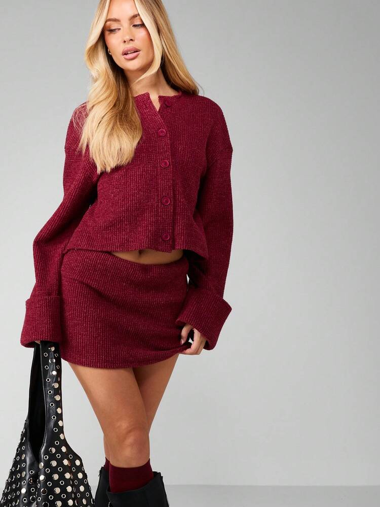 MISSGUIDED Burgundy Waffle Knit Button Up Cardigan And Mini Skirt Matching Co Ord Set Fall Winter Cozy Outfit Christmas