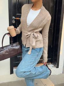 SHEIN Unity Women's Casual Wrap Around Long Sleeve Knit Cardigan, Versatile Tie Front