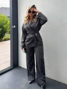 Jeta Ari 2pcs Women's Striped Wrap Elegant Casual Kimono Blazer Set, Grey, Office Fashion Commuter Suit - Dark Grey - View 4