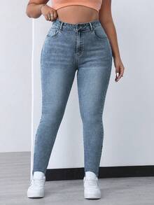 SHEIN EZwear 帶口袋大碼純色緊身休閒牛仔褲 - 中等水洗藍 - 查看 3