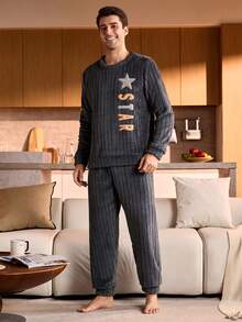 SHEIN Provexi Men's Plush Crew Neck Long Sleeve Top & Long Pants Fluffy Cozy Pajama Clothes Set, Winter - Dark Grey - View 3