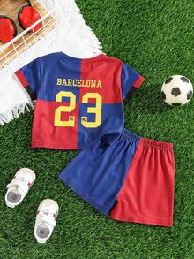 2件套男婴可爱夏季运动风字母印花短袖上衣和松紧腰短裤套装，男婴运动服夏季套装，男婴足球服，男婴足球球衣，巴塞罗那足球服，男婴篮球服，男婴篮球服套装，男婴红蓝短裤套装