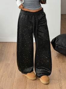 Coolane 女式秋冬复古演唱会狂欢节夜间外出闪亮亮片黑色直筒裤 - 黑色 - 查看 3