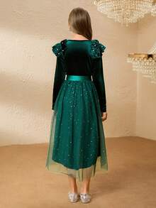 Váy nhung dài tay thanh lịch cho bé gái tuổi mới lớn, có eo thắt ngọc trai, chân váy lưới ngôi sao hai lớp, màu xanh ngọc lục bảo - Màu xanh lá cây đậm - Xem 2