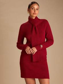 Enchnt Women's Wine Red Stand Collar Long Sleeve Knitted Mini Dress With Scarf,Elegant Chic Autumn Fall Clothes For Party,Brunch,Holiday&Office - Burgundy - View 6