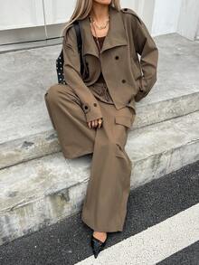 DAZY 女士纯色简约长袖外套和裤子两件套，休闲日常家居服套装 - 卡其色 - 查看 2