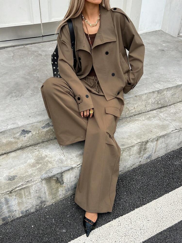 Women's Solid Color Minimalist Long Sleeve Jacket And Pants 2 Pieces Set, Casual Everyday Wear Lounge Sets For Women