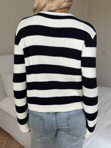 SHEIN EZwear 女式黑色和米色条纹针织开衫，宽松长袖，秋冬 - 黑與白 - 查看 2