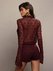 Hauture 女式性感超低胸围前开襟纹理蕾丝长袖喇叭裤 - 棕色 - 查看 4