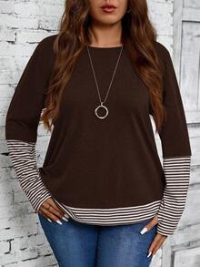 EMERY ROSE Plus Size Women Contrast Stripe Crew Neck Loose Casual Long Sleeve T-Shirt,Fall Winter Cozy Country Style Country Concert - Brown - View 5