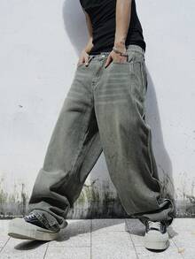 Manfinity EMRG Jeans casuales versátiles de pierna ancha y holgados con bolsillos para hombres